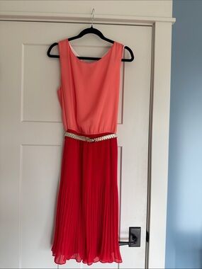 Robbie Bee Coral Top Orange/Red Pleated Midi Dress with Gold Braided Belt 16